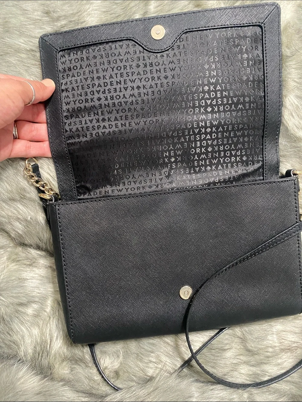 kate spade black leather crossbody with gold-tone chain